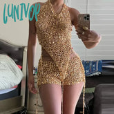 Lunivop Gold Sequin 2 Piece Knit Set Women Hooded Top And Shorts Trashy Y2K Streetwear Sexy Summer